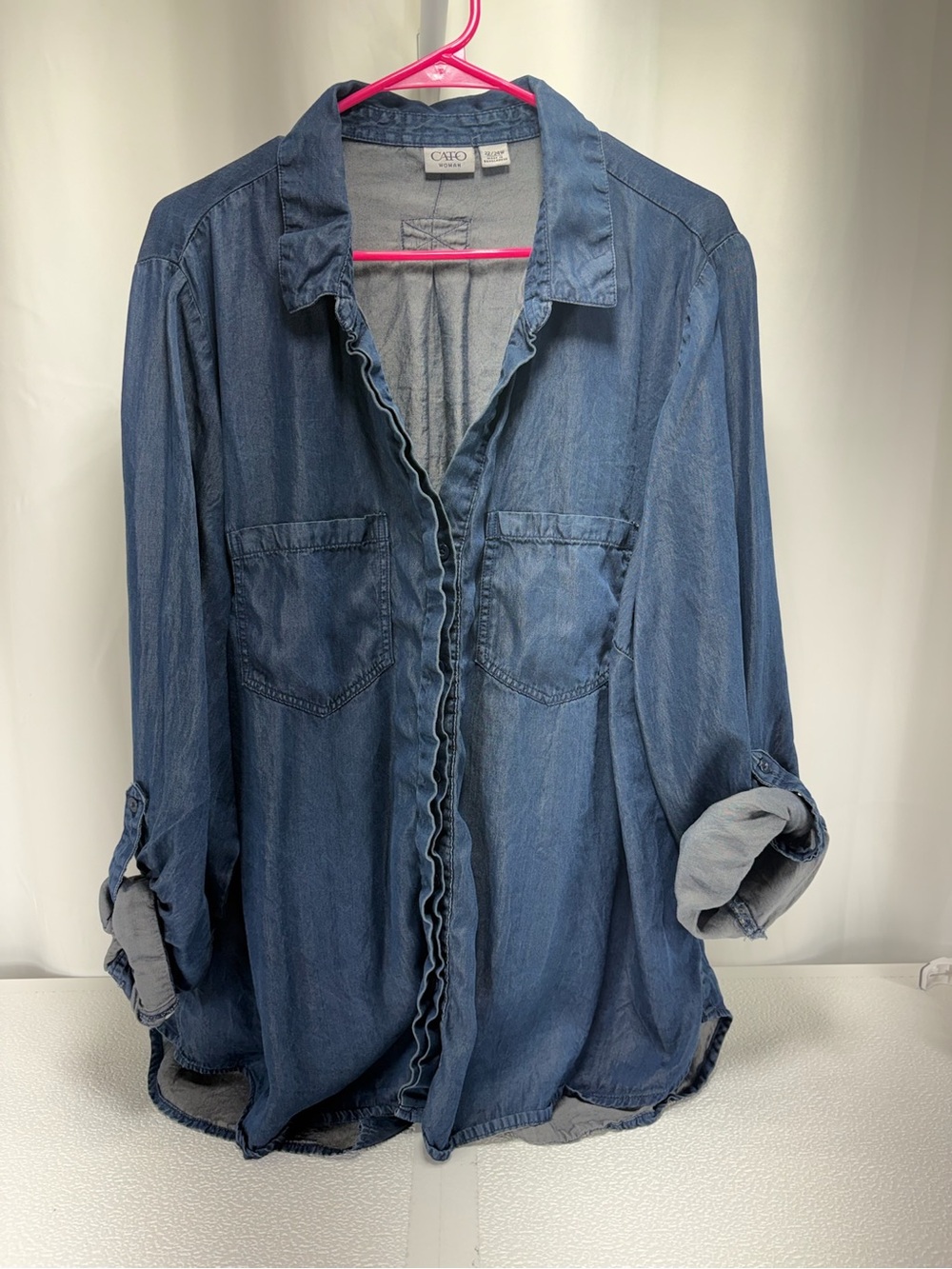 Cato Blue Denim-Style Ruffle Front Button-Down Shirt 4586